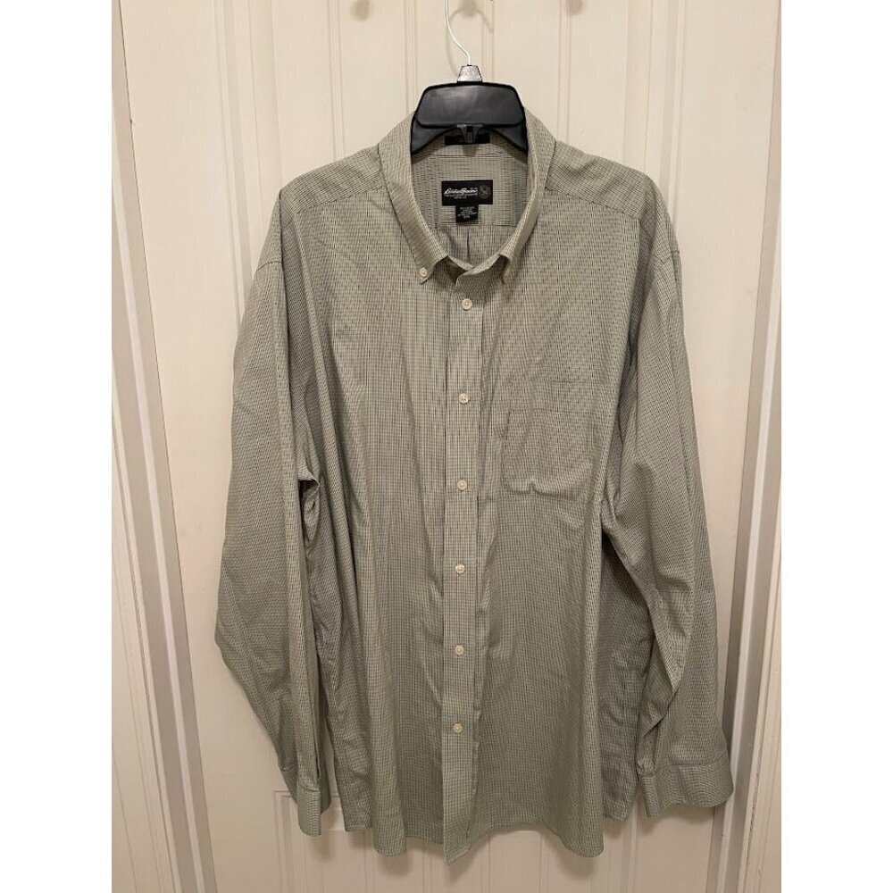 Eddie Bauer Mens XXL Long Sleeve Button-Down Shirt Green Striped 100% Cotton